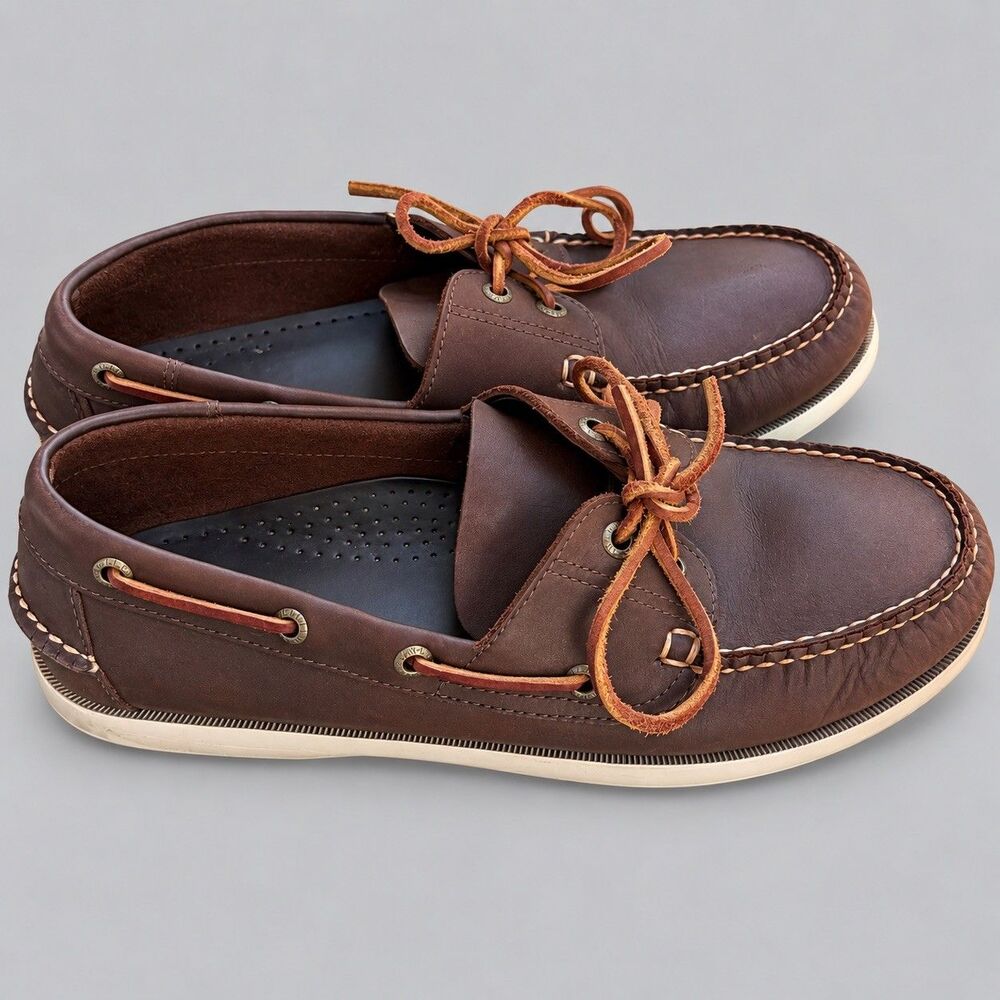 L.L.Bean Men's Brown Leather Boat Shoes Moccasin 2 Eye Lace Up Size 10 D